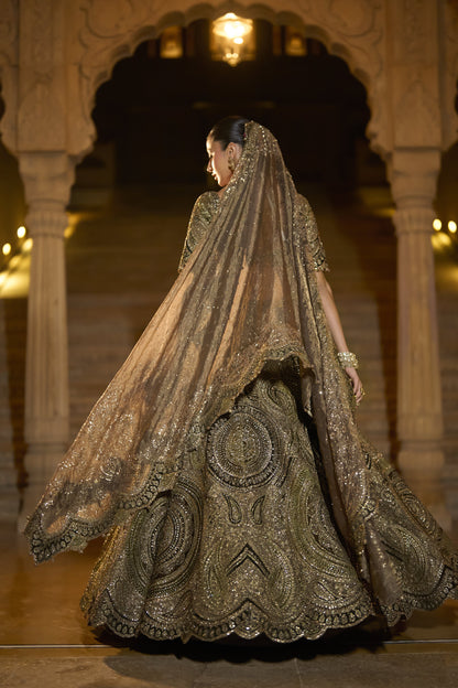 Moss Green Applique Lehenga Set