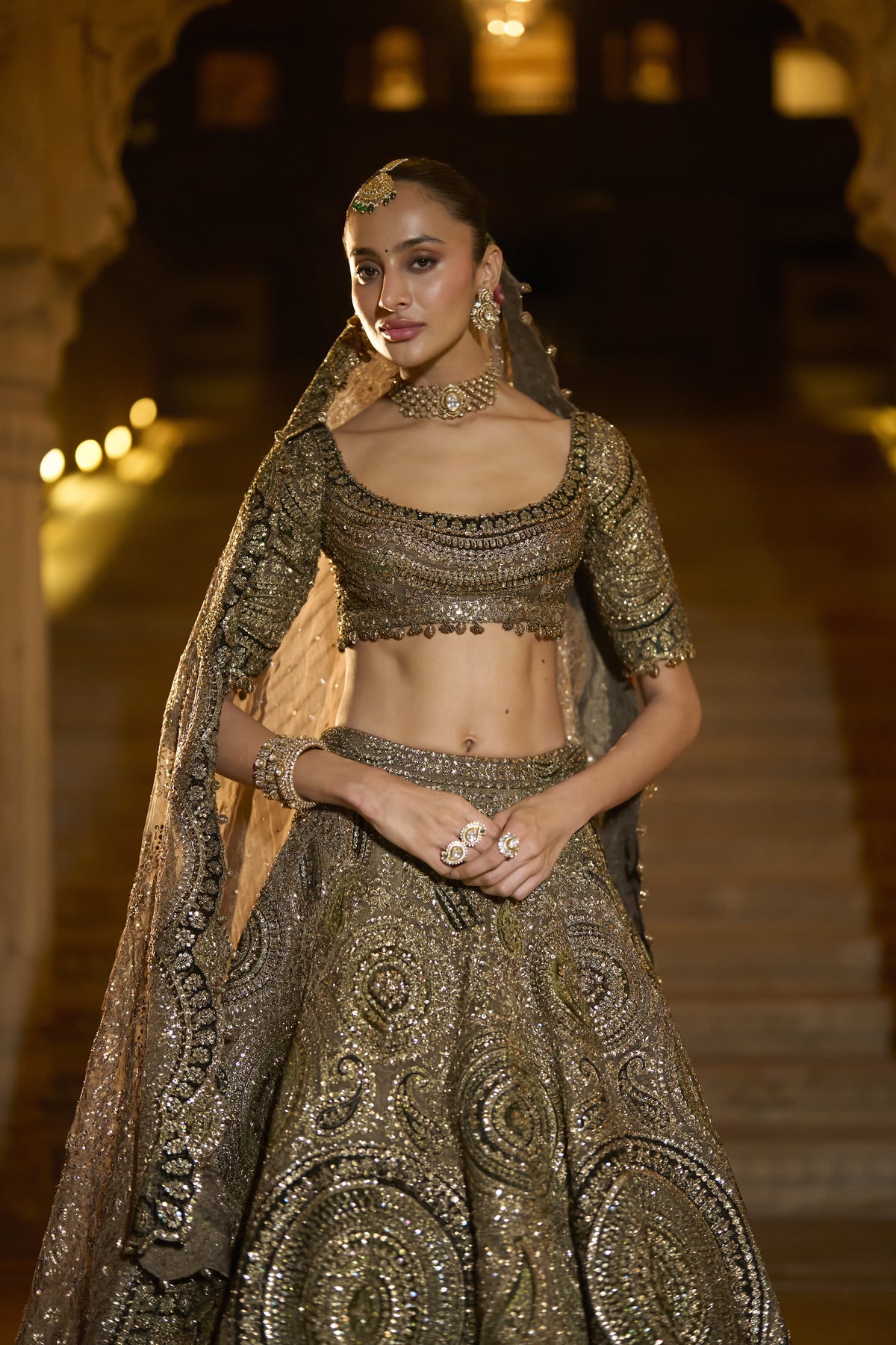 Moss Green Applique Lehenga Set