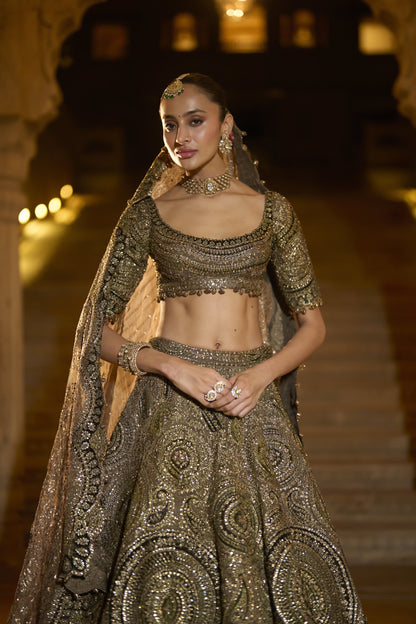 Moss Green Applique Lehenga Set