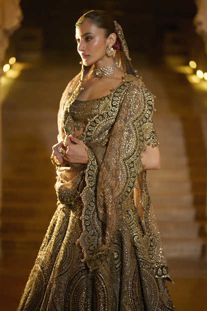 Moss Green Applique Lehenga Set
