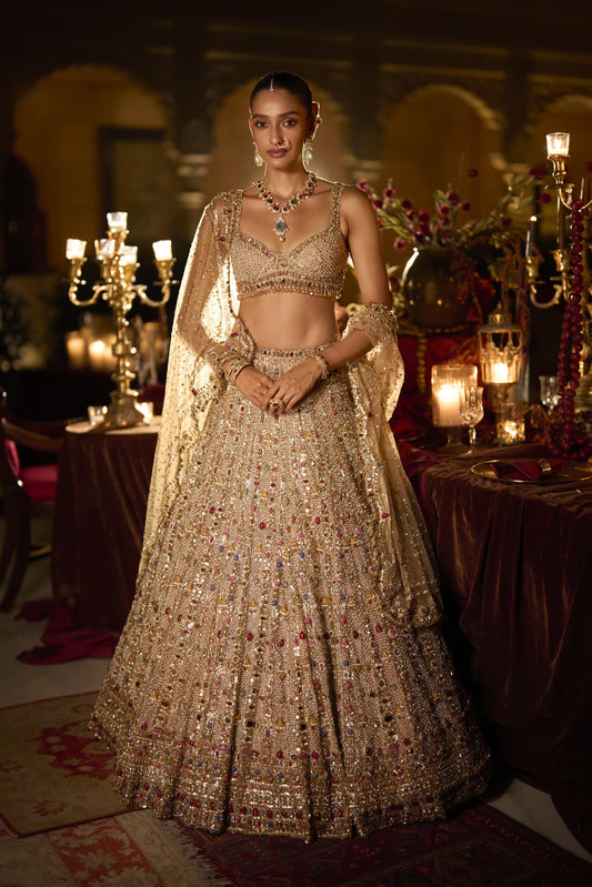Multi-Coloured Stone & Pearl Lehenga Set