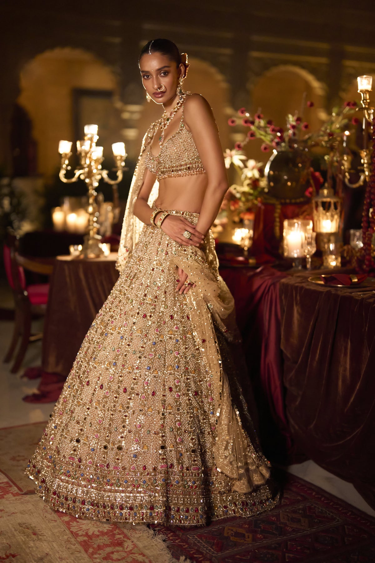 Multi-Coloured Stone & Pearl Lehenga Set