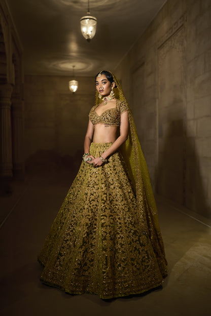 Green Velvet Zardosi Lehenga Set