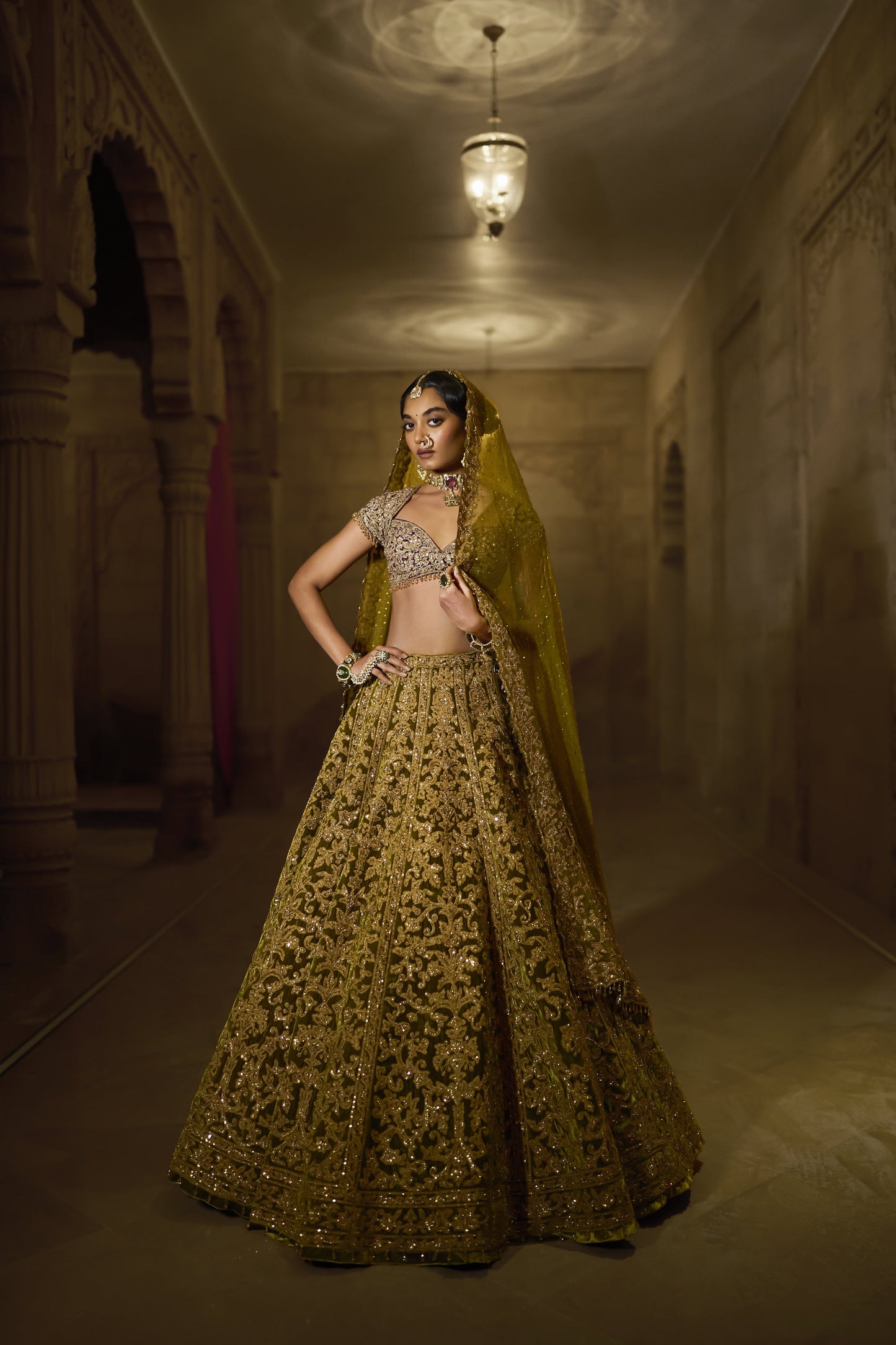 Green Velvet Zardosi Lehenga Set