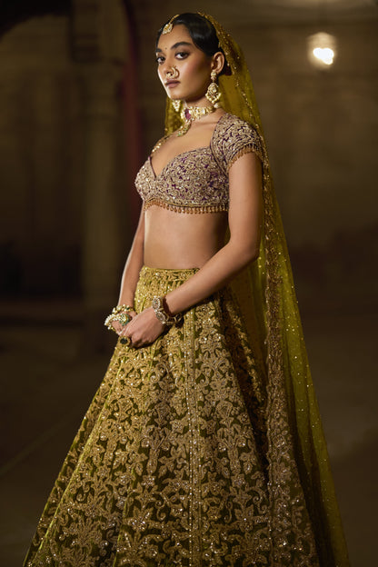 Green Velvet Zardosi Lehenga Set