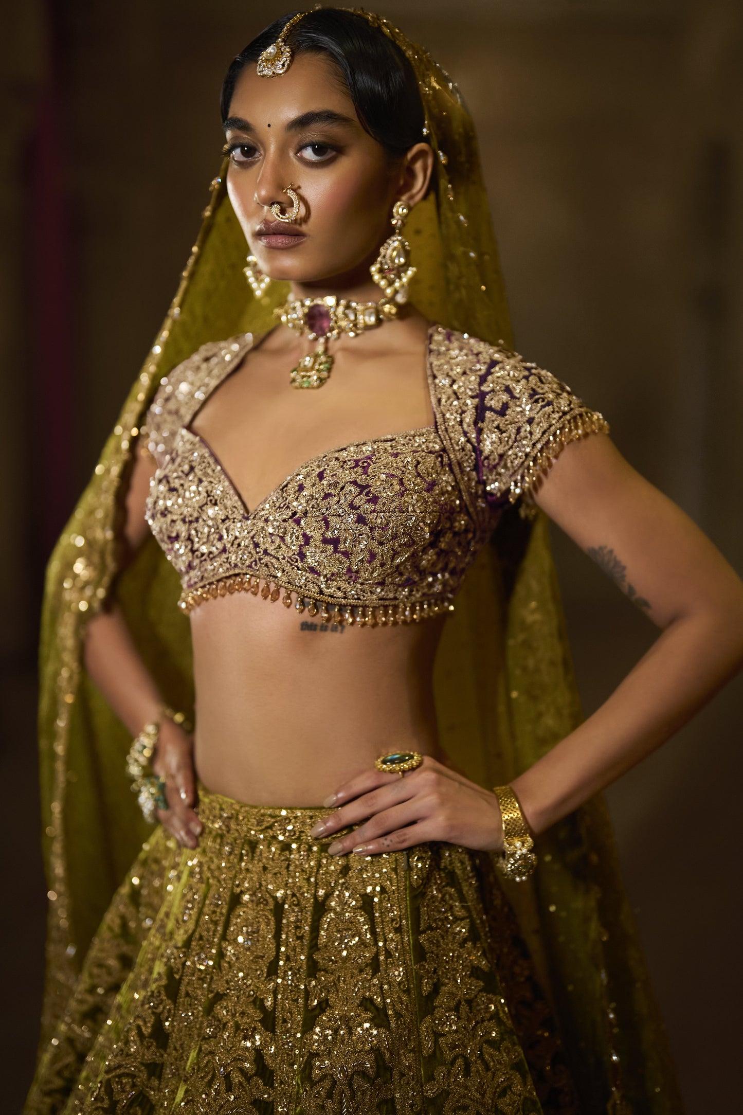 Green Velvet Zardosi Lehenga Set