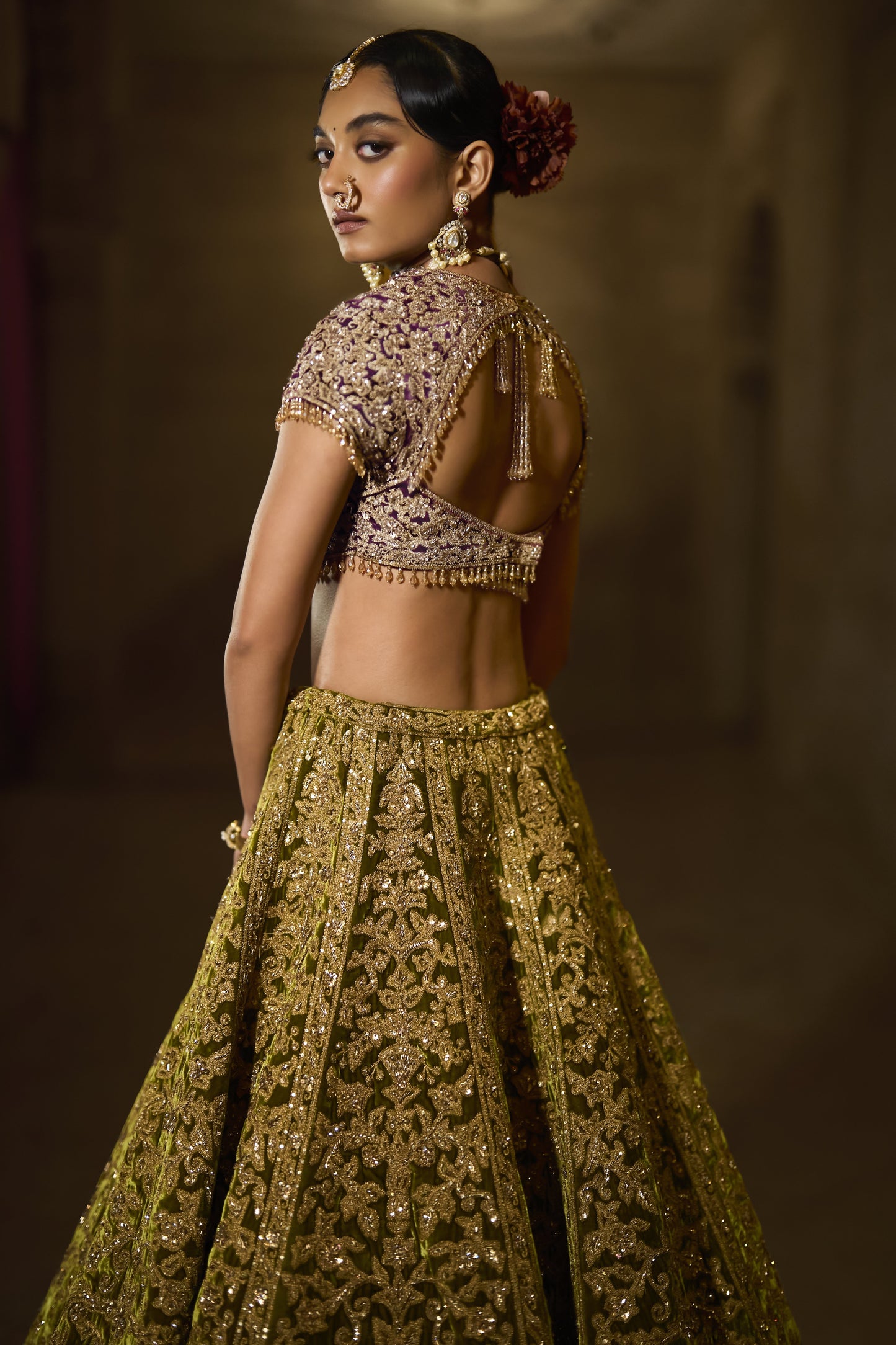 Green Velvet Zardosi Lehenga Set