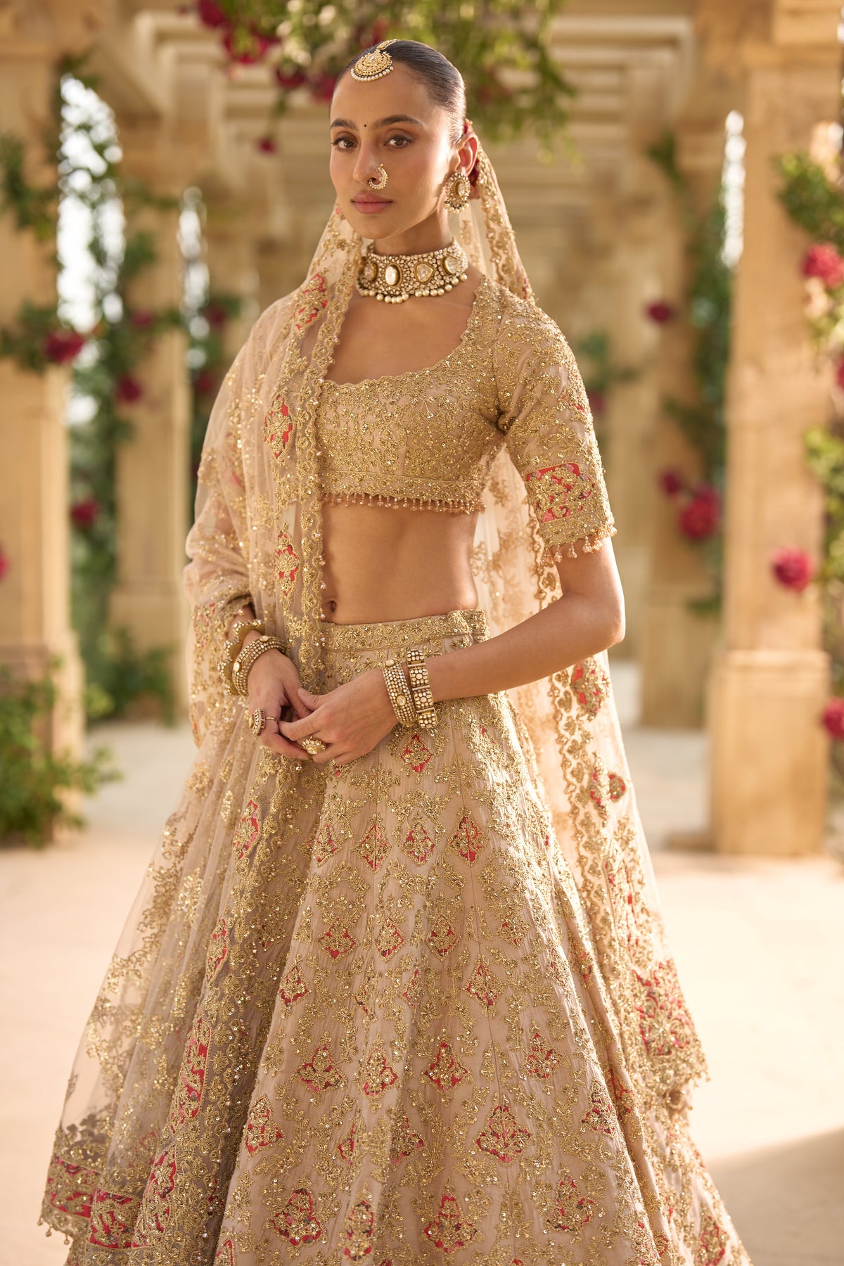 Nude Gold Applique Work Lehenga Set