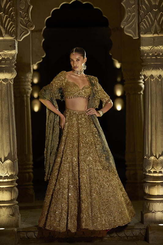 Antique Gold Sequin Lehenga Set
