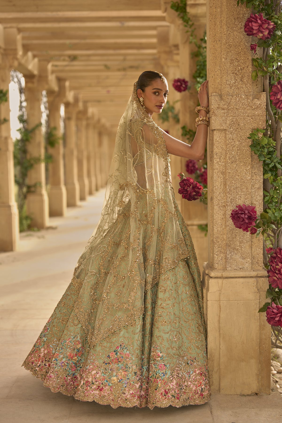 Sage Green Applique Work Lehenga Set