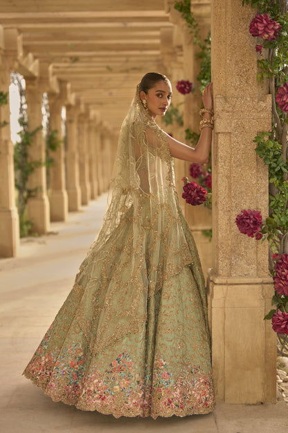 Sage Green Applique Work Lehenga Set