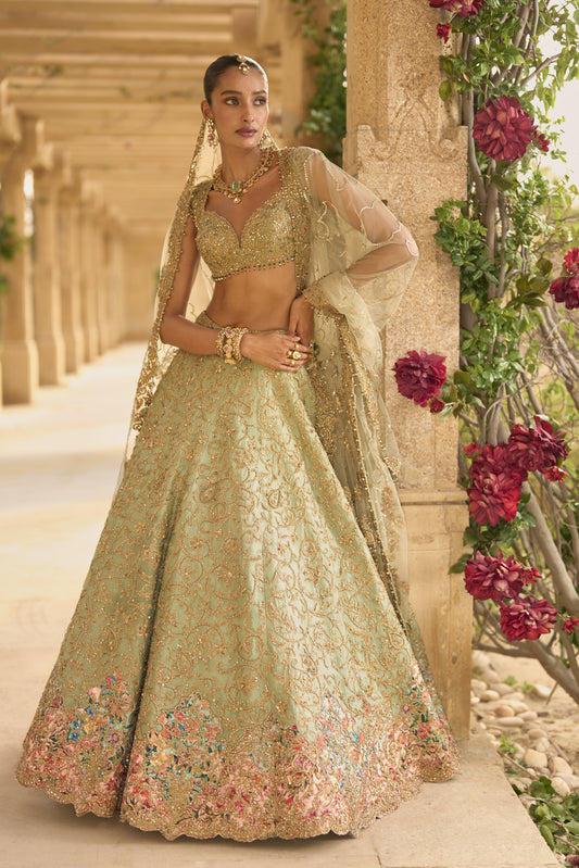 Sage Green Applique Work Lehenga Set