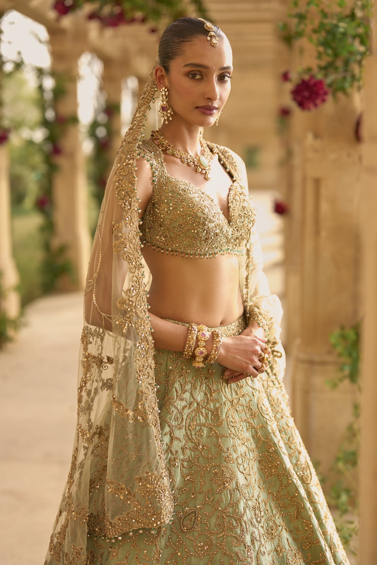 Sage Green Applique Work Lehenga Set