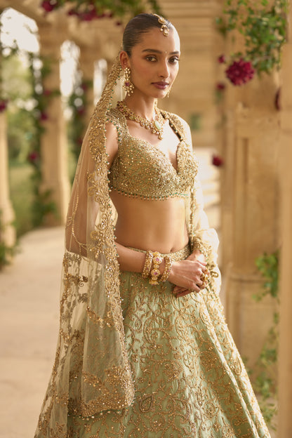 Sage Green Applique Work Lehenga Set