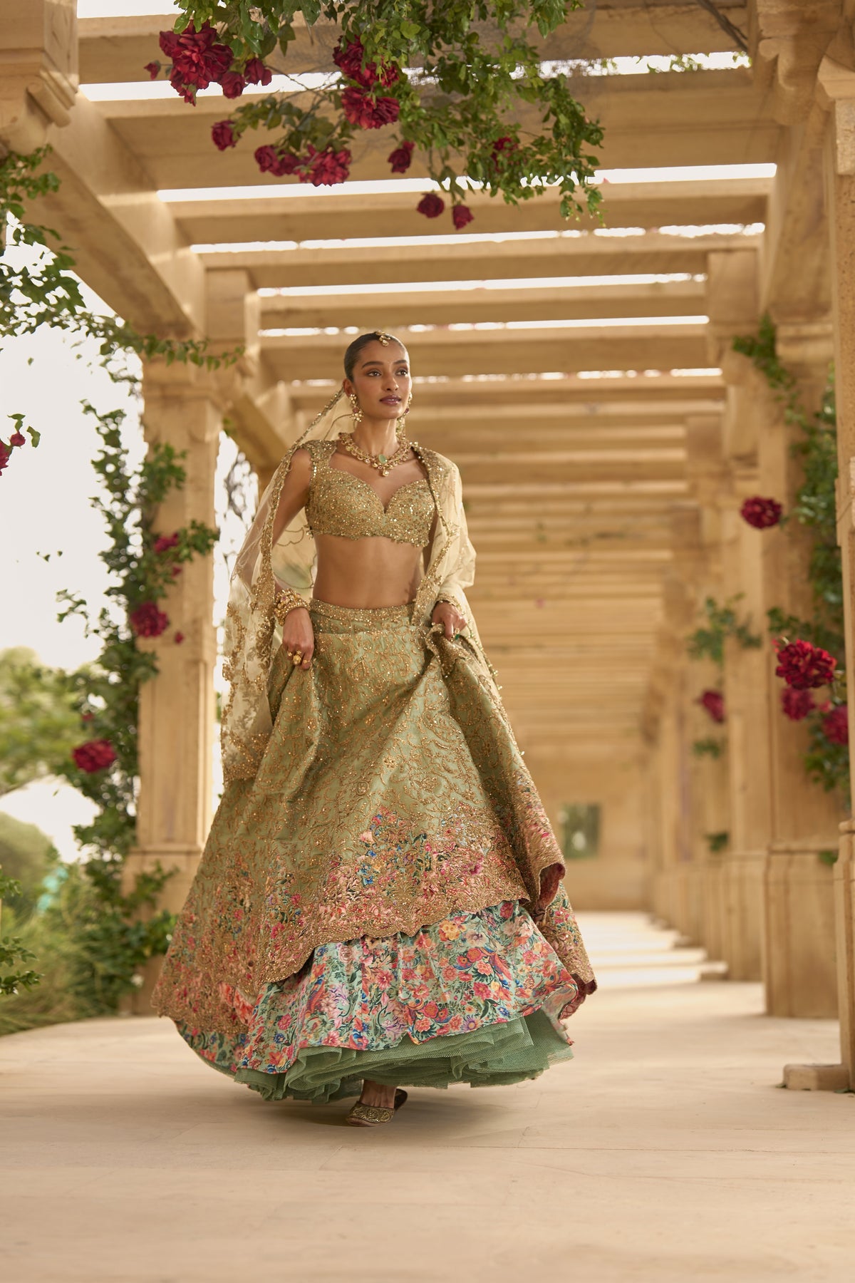 Sage Green Applique Work Lehenga Set