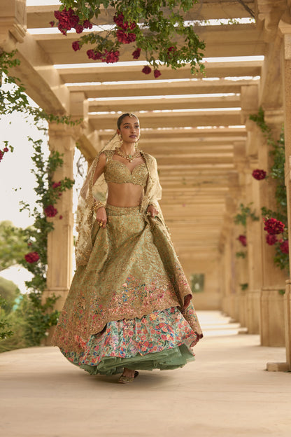 Sage Green Applique Work Lehenga Set