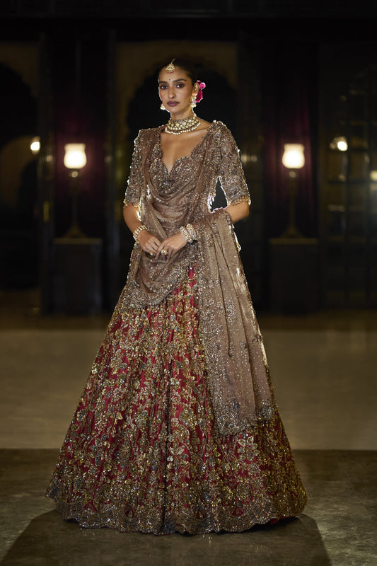 Antique Gold Maroon Lehenga Set