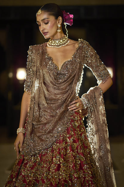 Antique Gold Maroon Lehenga Set