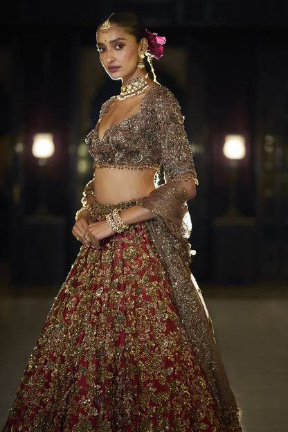 Antique Gold Maroon Lehenga Set