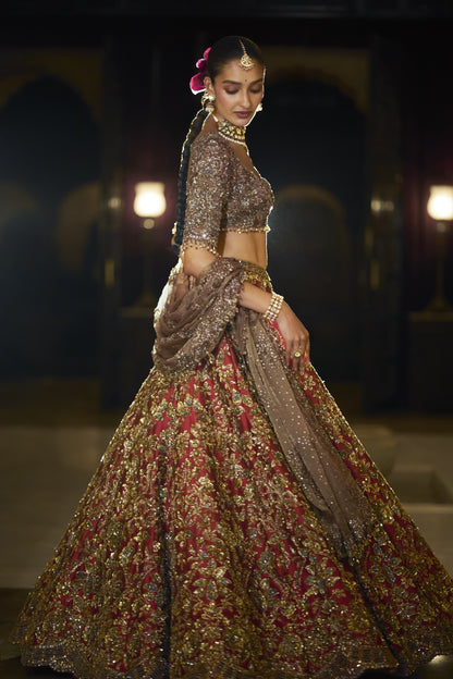 Antique Gold Maroon Lehenga Set