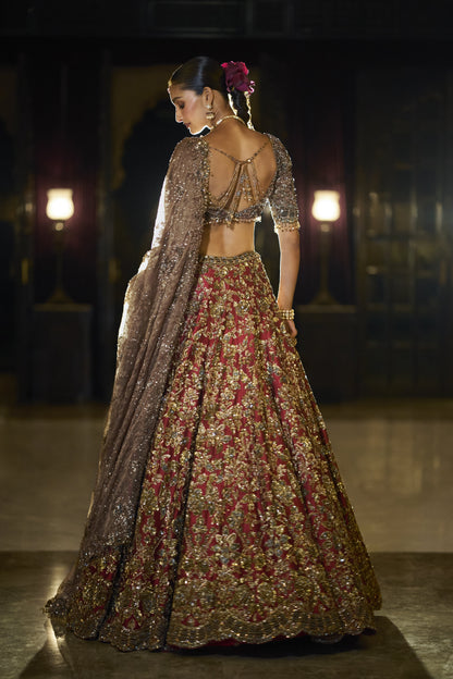 Antique Gold Maroon Lehenga Set