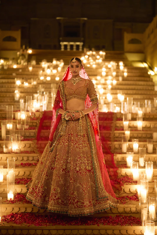 Red & Emerald Zardosi Lehenga Set