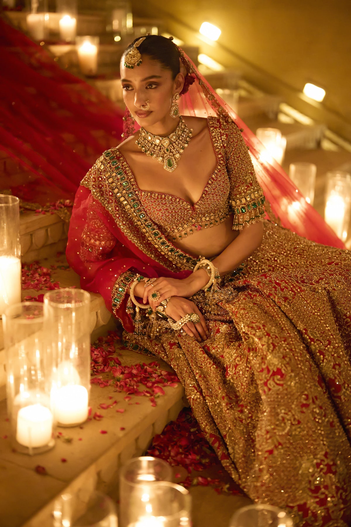 Red & Emerald Zardosi Lehenga Set