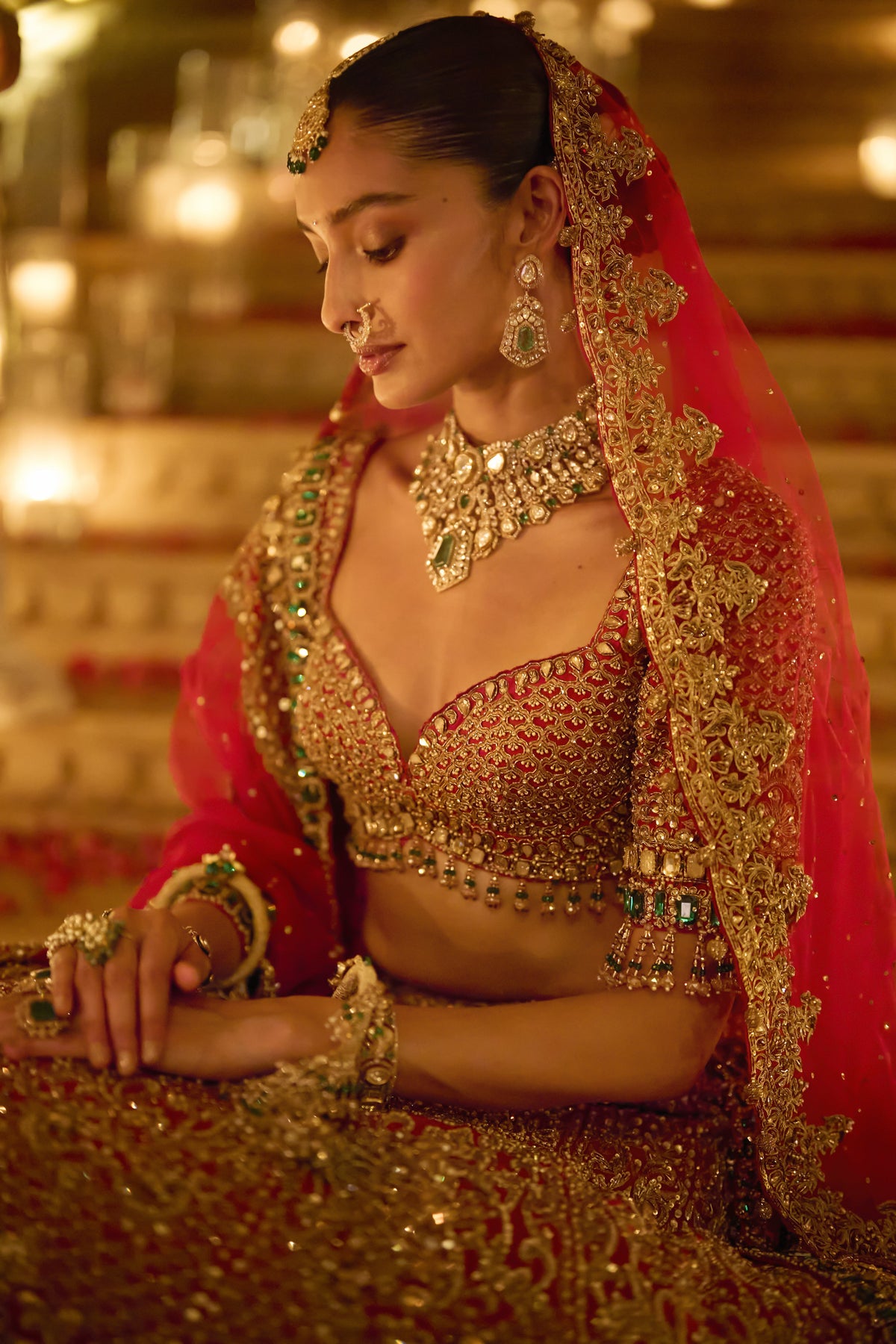 Red & Emerald Zardosi Lehenga Set