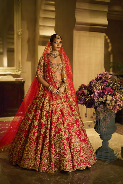 Red Zardosi Cut Work Lehenga Set