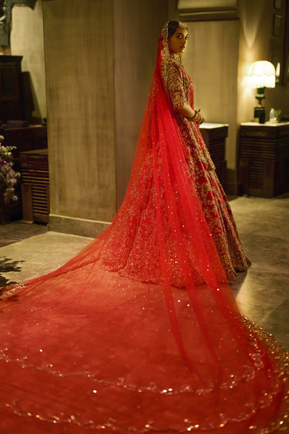 Red Zardosi Cut Work Lehenga Set