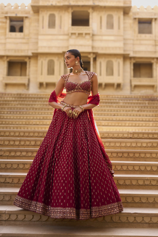 Dark Red Gold Zardosi Lehenga Set
