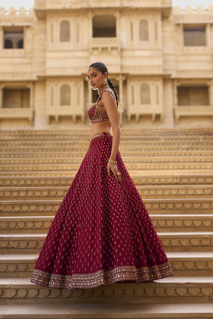 Dark Red Gold Zardosi Lehenga Set
