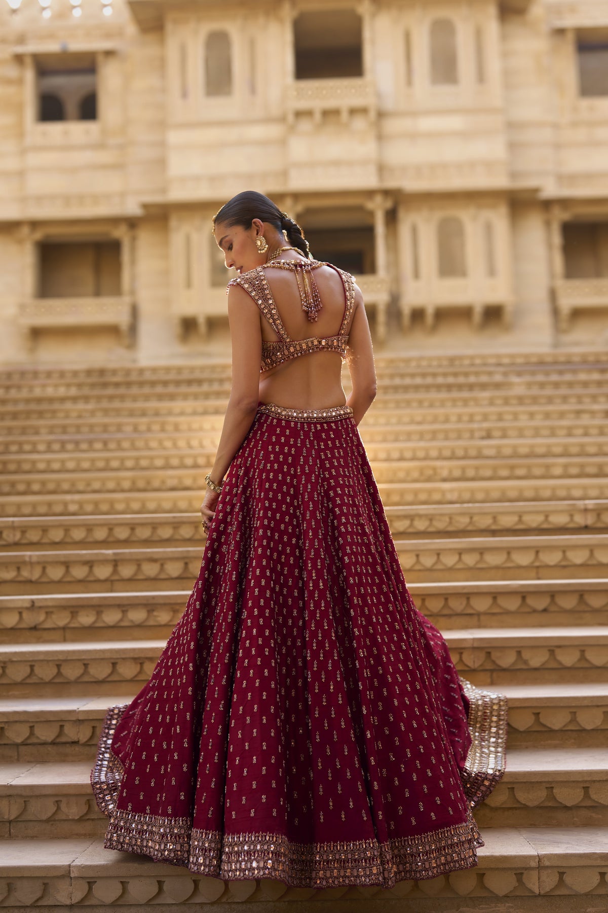 Dark Red Gold Zardosi Lehenga Set