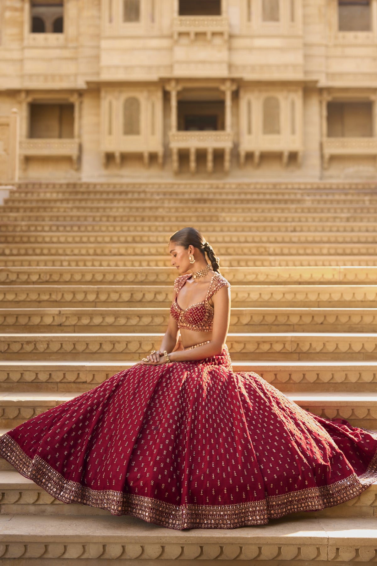 Dark Red Gold Zardosi Lehenga Set