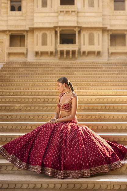 Dark Red Gold Zardosi Lehenga Set