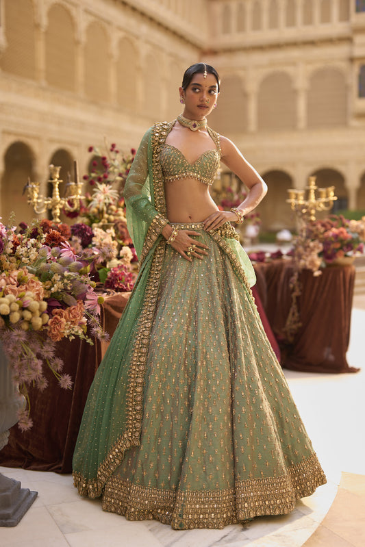 Green Gold Zardosi Lehenga Set