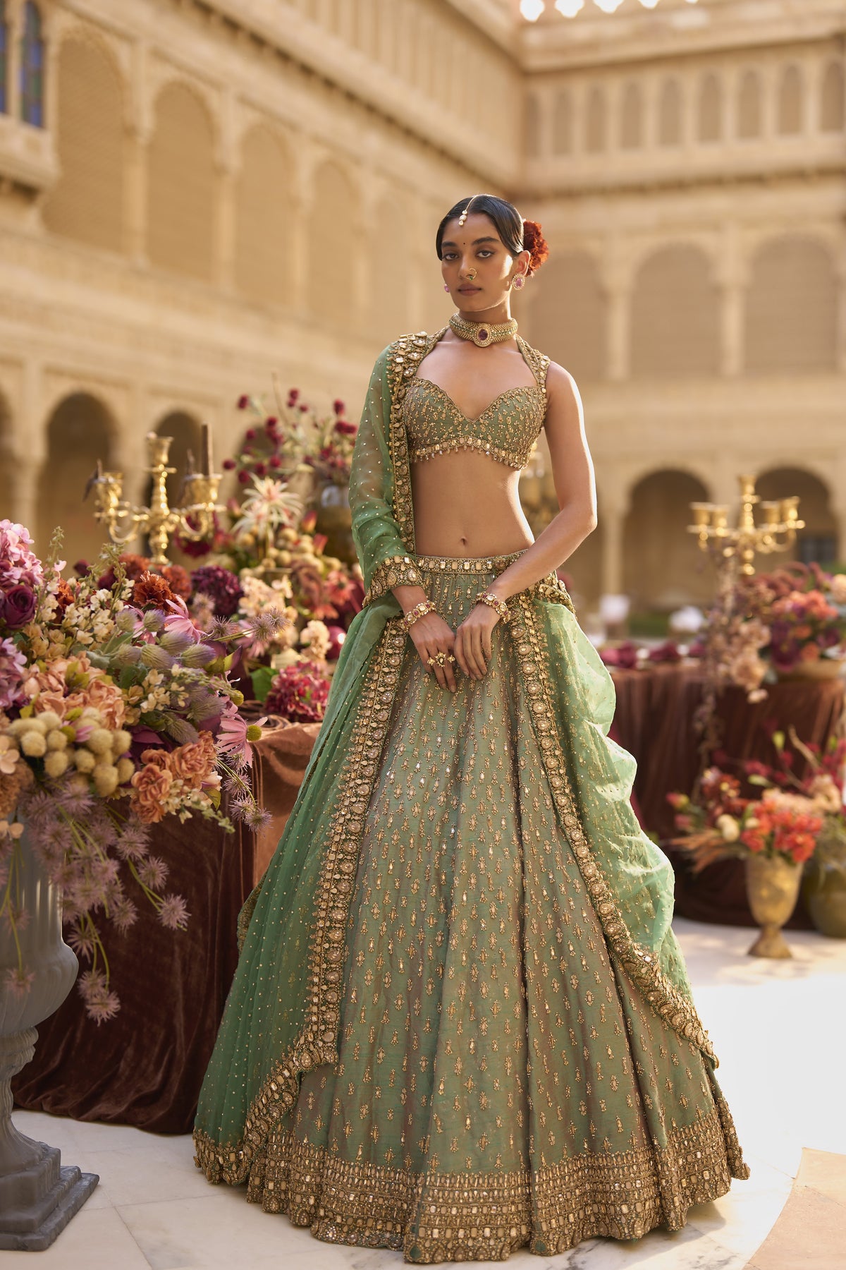 Green Gold Zardosi Lehenga Set