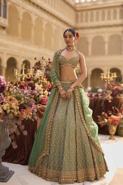 Green Gold Zardosi Lehenga Set