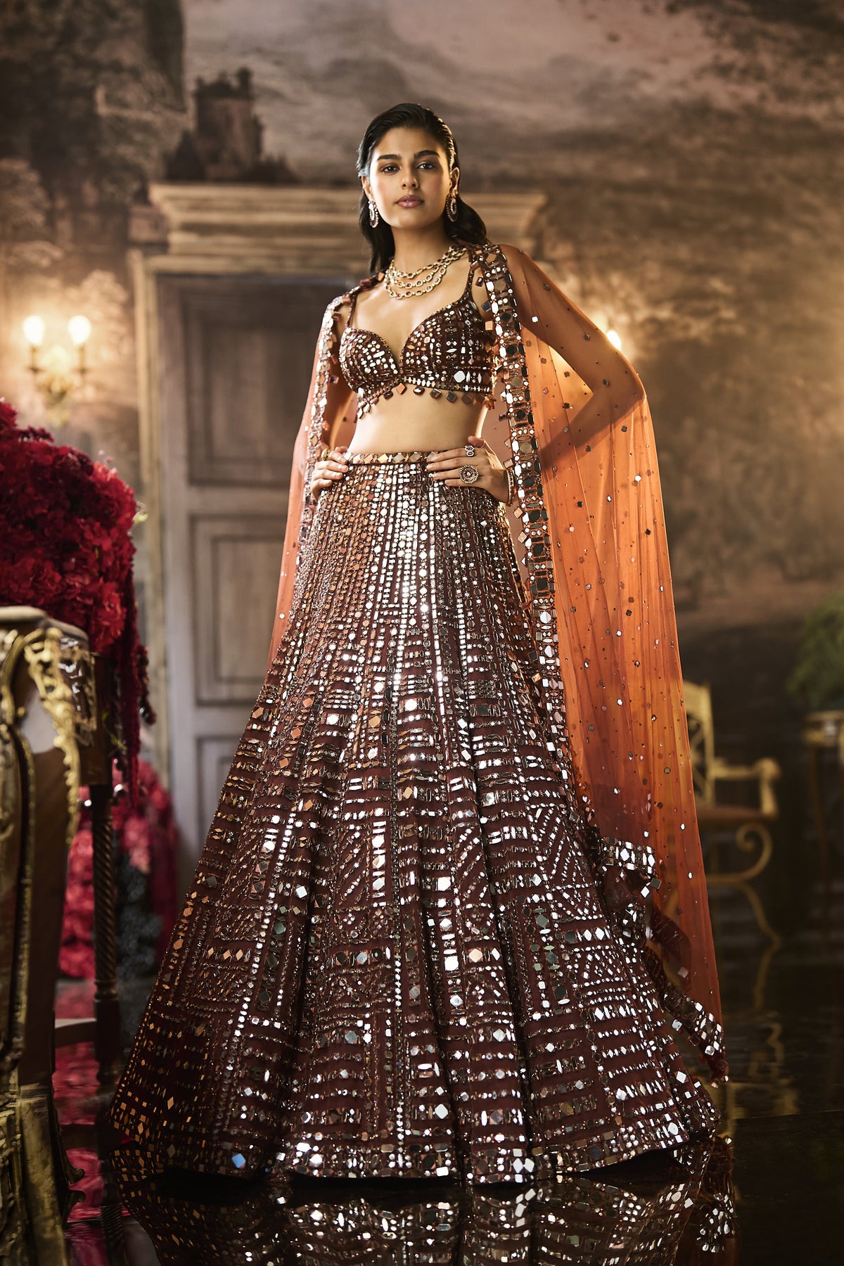 Copper Brown Mirror Work Lehenga Set