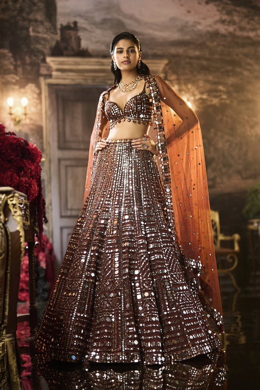 Copper Brown Mirror Work Lehenga Set