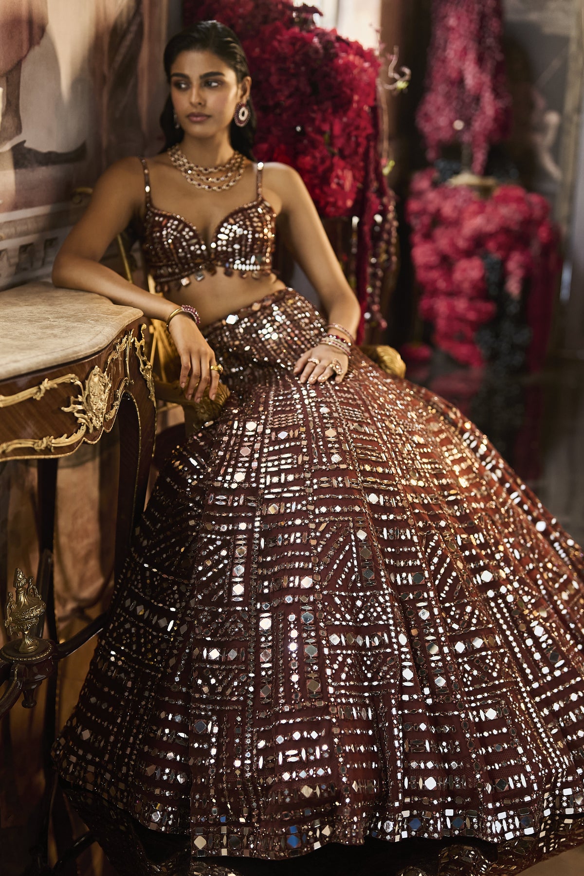 Copper Brown Mirror Work Lehenga Set