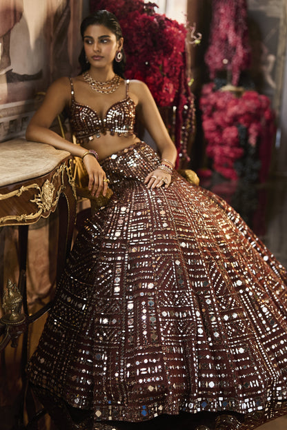 Copper Brown Mirror Work Lehenga Set