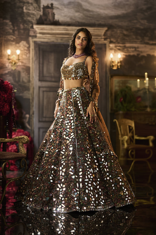 Multi - Coloured Mirror Work Lehenga Set