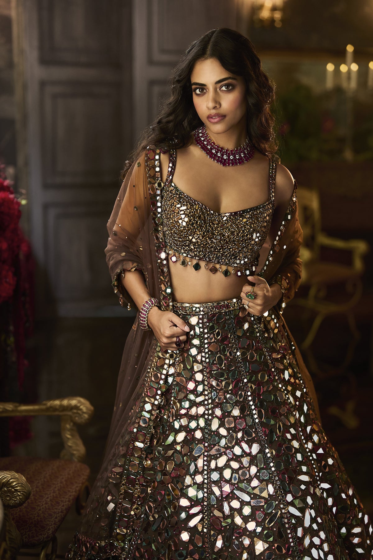 Multi - Coloured Mirror Work Lehenga Set