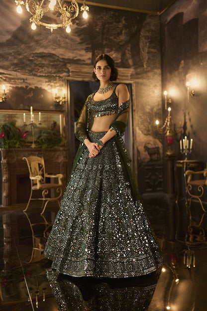 Dark Green Mirror Work Lehenga Set
