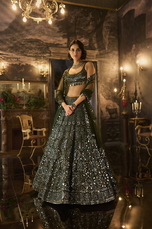 Dark Green Mirror Work Lehenga Set