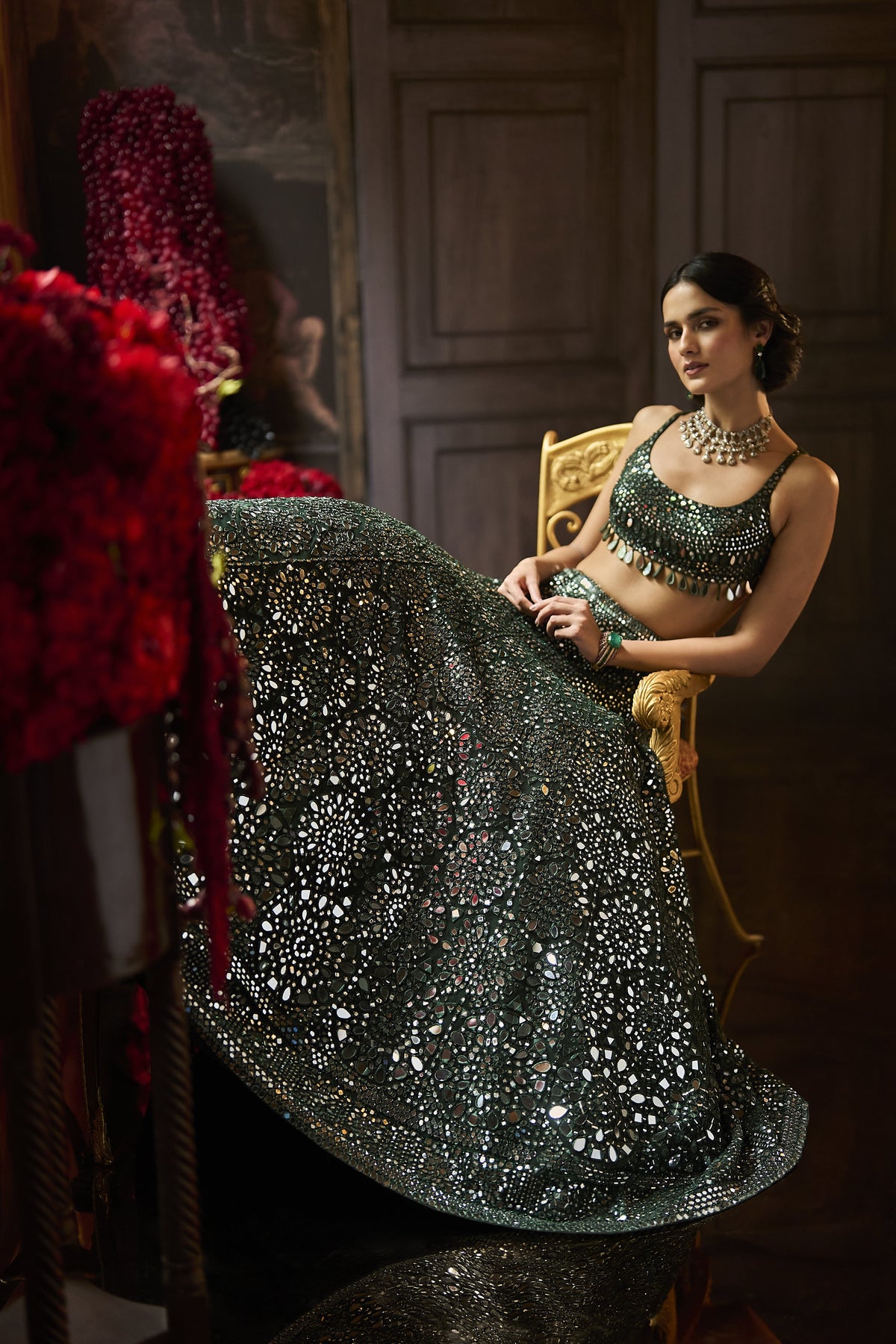 Dark Green Mirror Work Lehenga Set