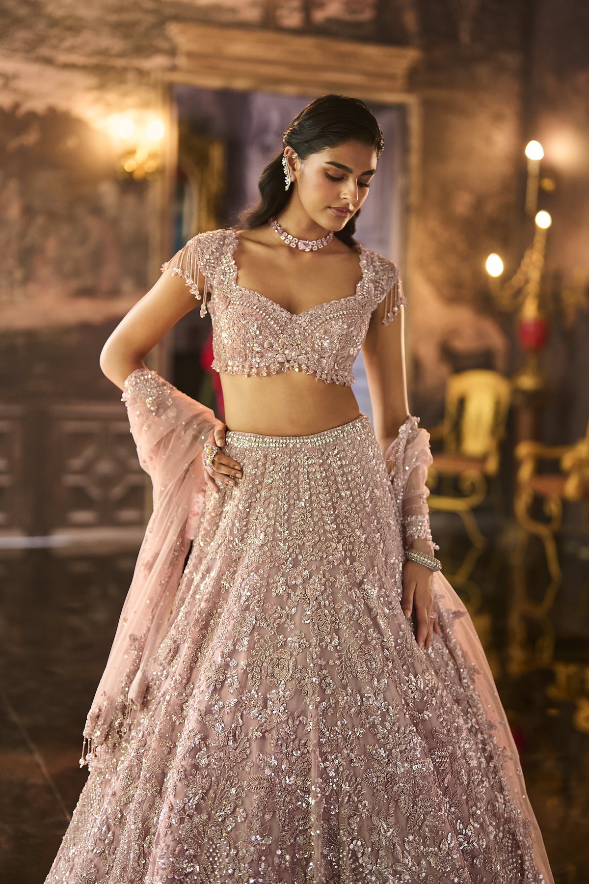 Dusty Peach Sequin Lehenga Set