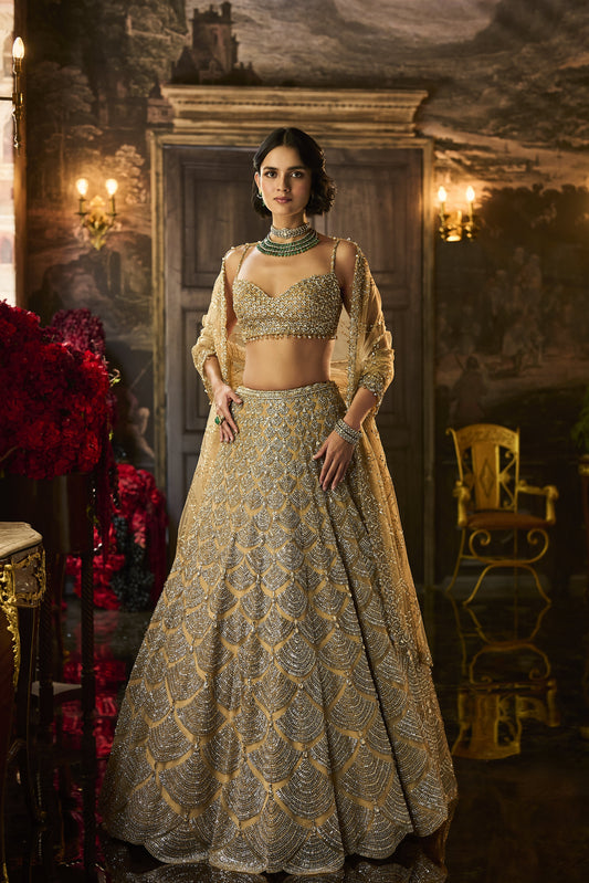 Gold Sequin & Crystal Lehenga Set