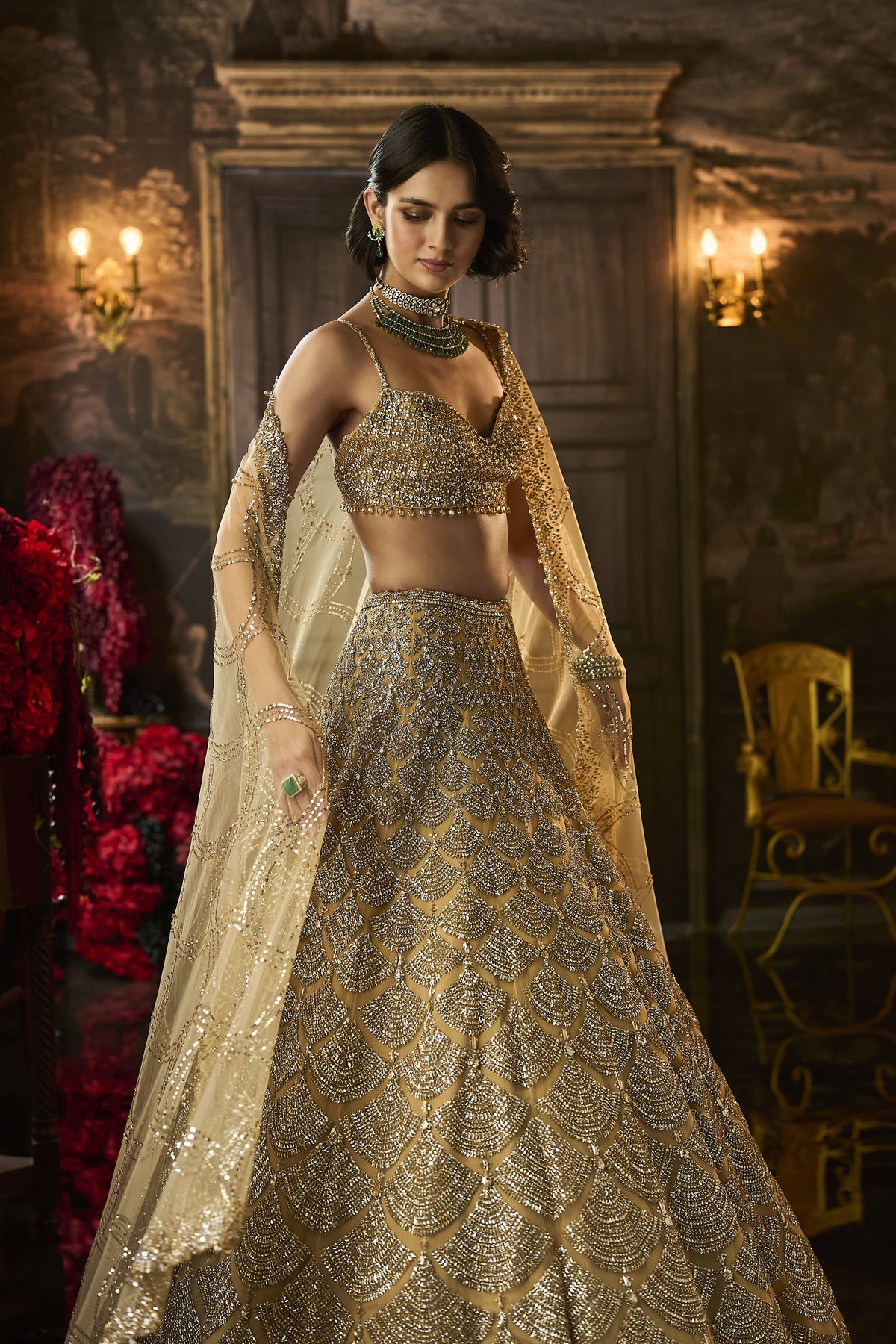 Gold Sequin & Crystal Lehenga Set